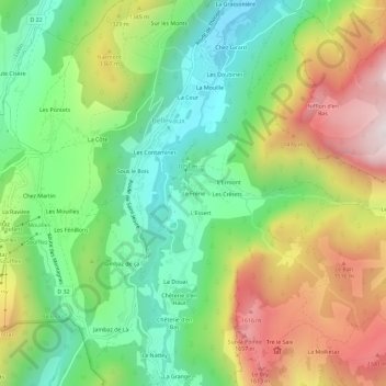 Mappa topografica Le Frêne, altitudine, rilievo