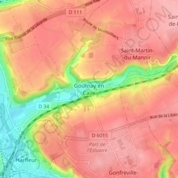 Mappa topografica Gournay en Caux, altitudine, rilievo
