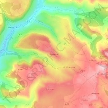 Mappa topografica Mordagne, altitudine, rilievo