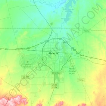 Mappa topografica Abilene, altitudine, rilievo