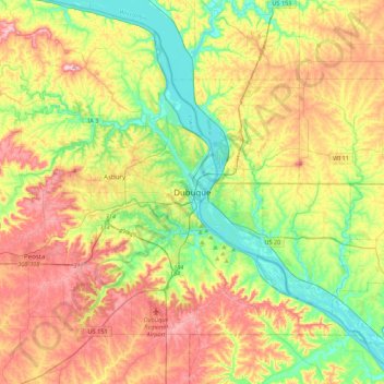 Mappa topografica Dubuque, altitudine, rilievo