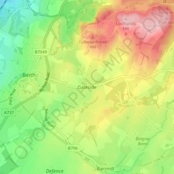 Mappa topografica Gateside, altitudine, rilievo