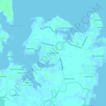 Mappa topografica Avalon Shores, altitudine, rilievo