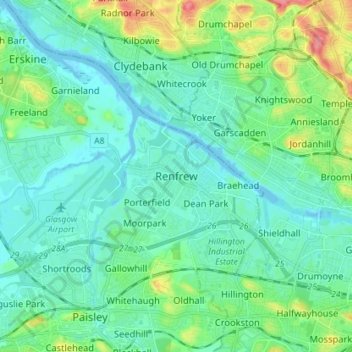 Mappa topografica Renfrew, altitudine, rilievo