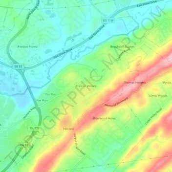 Mappa topografica Preston Woods, altitudine, rilievo