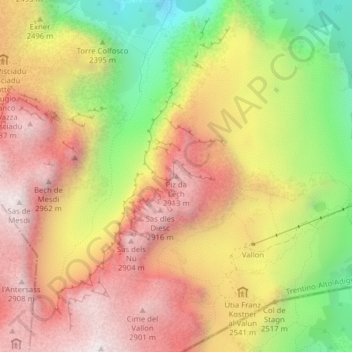 Mappa topografica Boèseekofel, altitudine, rilievo