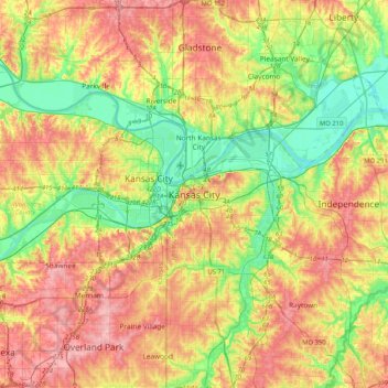 Mappa topografica Downtown Kansas City, altitudine, rilievo