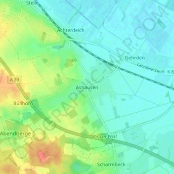 Mappa topografica Ashausen, altitudine, rilievo