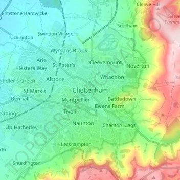 Mappa topografica Cheltenham, altitudine, rilievo