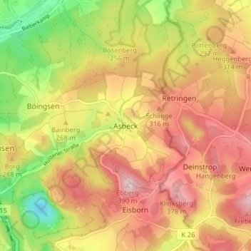 Mappa topografica Asbeck, altitudine, rilievo