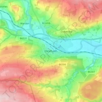Mappa topografica Hexham, altitudine, rilievo