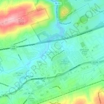 Mappa topografica Chesterbrook, altitudine, rilievo
