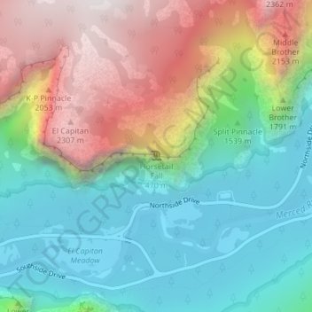 Mappa topografica Horsetail Fall, altitudine, rilievo