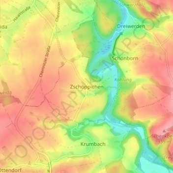 Mappa topografica Zschöppichen, altitudine, rilievo