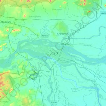 Mappa topografica Cuttack, altitudine, rilievo