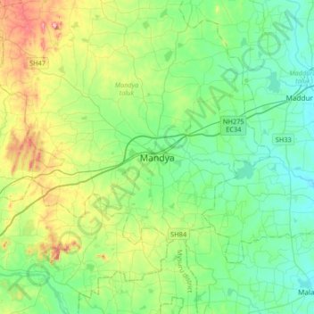 Mappa topografica Mandya, altitudine, rilievo