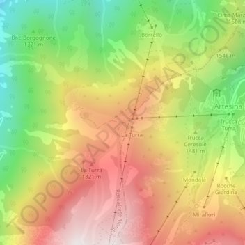 Mappa topografica Sella della Turra, altitudine, rilievo