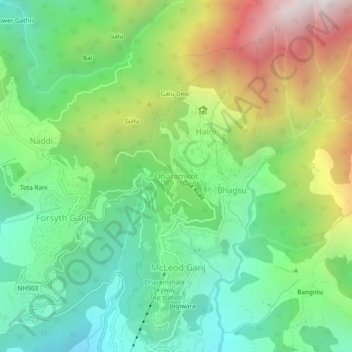 Mappa topografica Dharamkot, altitudine, rilievo