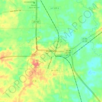 Mappa topografica Winnfield, altitudine, rilievo