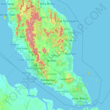 Mappa topografica Pahang, altitudine, rilievo