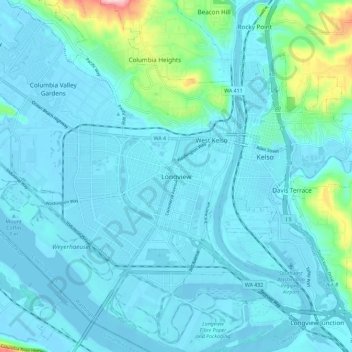 Mappa topografica Longview, altitudine, rilievo