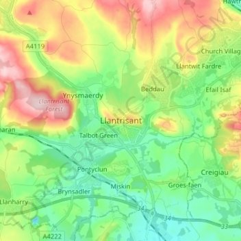 Mappa topografica Llantrisant, altitudine, rilievo
