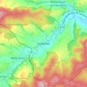 Mappa topografica Hatterode, altitudine, rilievo