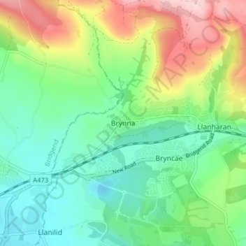 Mappa topografica Brynna, altitudine, rilievo
