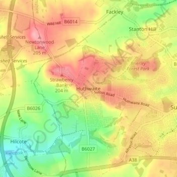 Mappa topografica Huthwaite, altitudine, rilievo