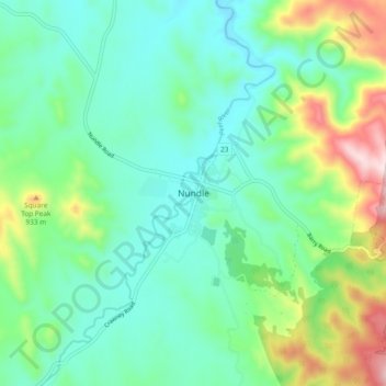 Mappa topografica Nundle, altitudine, rilievo