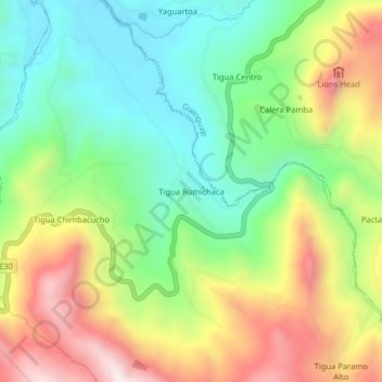 Mappa topografica Tigua Rumichaca, altitudine, rilievo