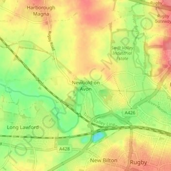 Mappa topografica Newbold on Avon, altitudine, rilievo