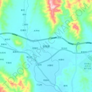 Mappa topografica 忠信镇, altitudine, rilievo