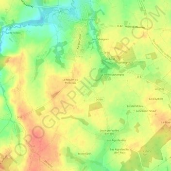 Mappa topografica Le Pontreau, altitudine, rilievo