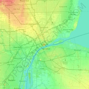 Mappa topografica Detroit, altitudine, rilievo