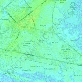 Mappa topografica Forest Acres West, altitudine, rilievo