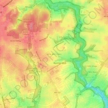 Mappa topografica Kemp Mill Estates, altitudine, rilievo
