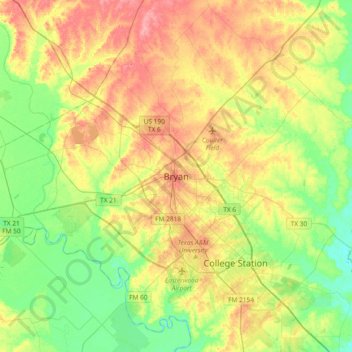 Mappa topografica Bryan, altitudine, rilievo