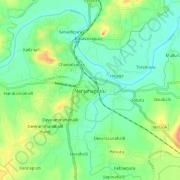 Mappa topografica Nanjanagudu, altitudine, rilievo