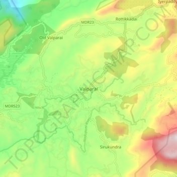 Mappa topografica Valparai, altitudine, rilievo