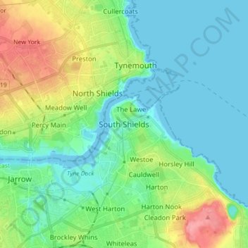 Mappa topografica South Shields, altitudine, rilievo