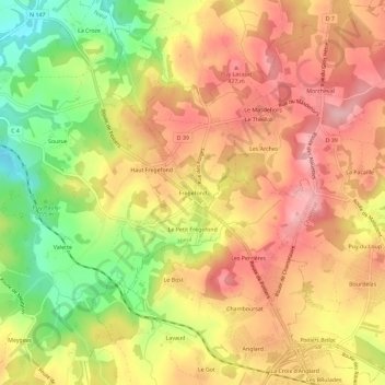 Mappa topografica Frégefond, altitudine, rilievo