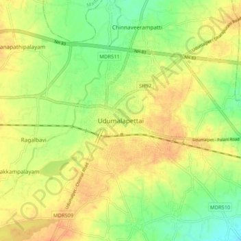 Mappa topografica Udumalaipettai, altitudine, rilievo