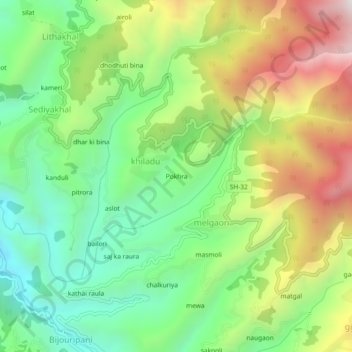 Mappa topografica Pokhra, altitudine, rilievo