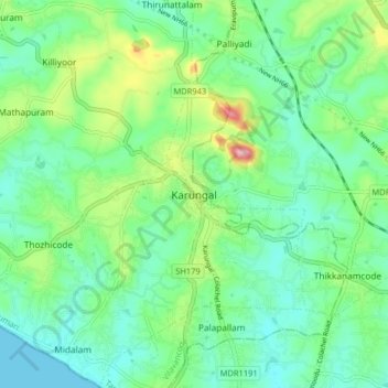 Mappa topografica Karungal, altitudine, rilievo