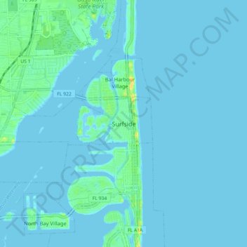 Mappa topografica Surfside, altitudine, rilievo
