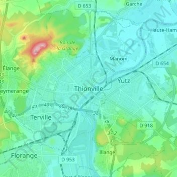 Mappa topografica Thionville, altitudine, rilievo