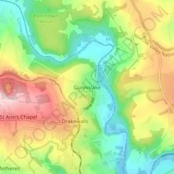 Mappa topografica Gunnislake, altitudine, rilievo