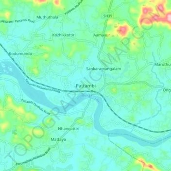 Mappa topografica Pattambi, altitudine, rilievo