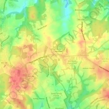 Mappa topografica Sandy Spring, altitudine, rilievo